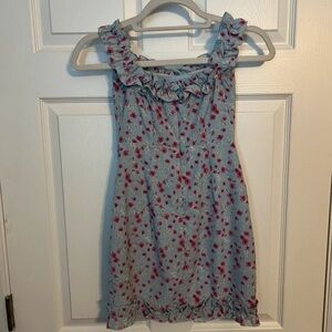 superdown Girls' Light Blue Dress with Pink Floral Ruffles